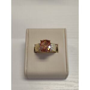 SW 925 Gold Tone CZ Citrine 12X10mm Orange Gemstone Ring Size 9 Faceted Top